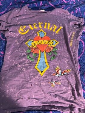 Ed Hardy Purple Graphic Tee with Colorful Heart and Rose Motif